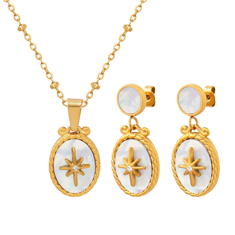 316L Stainless Steel White Mother-of-Pearl Starburst & Zircon Inlaid Pendant Necklace & Stud Earrings - Image 6