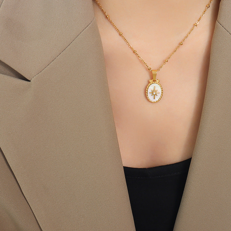 316L Stainless Steel White Mother-of-Pearl Starburst & Zircon Inlaid Pendant Necklace & Stud Earrings - Image 7