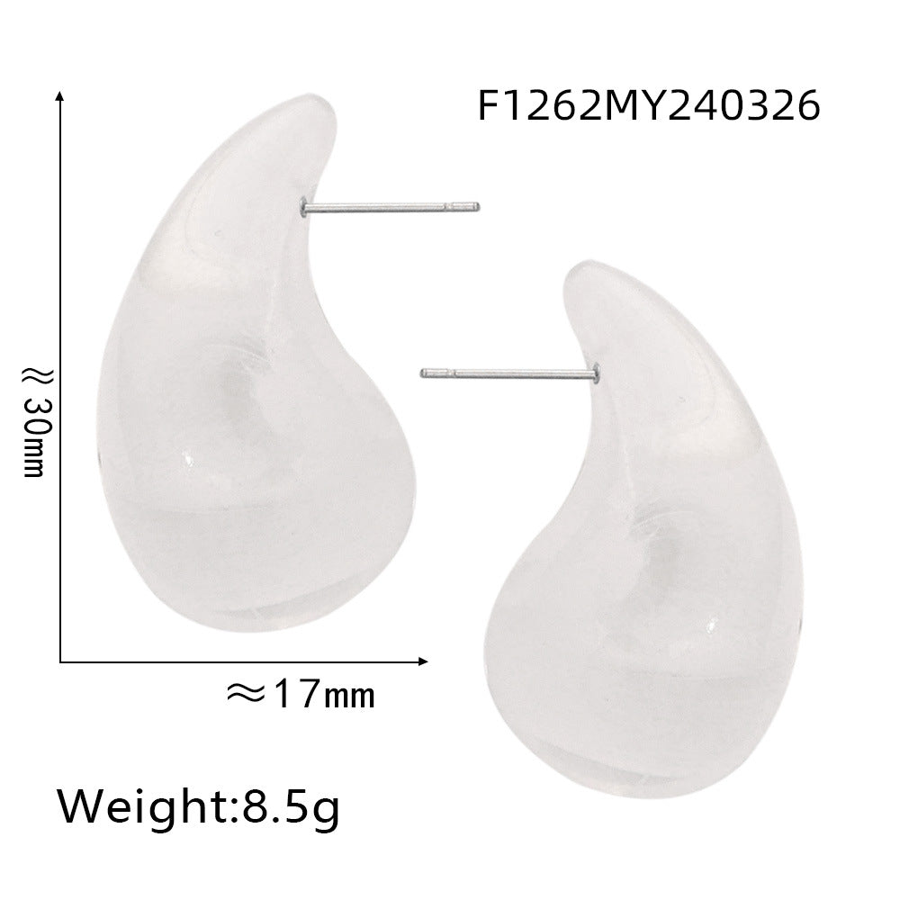 White resin teardrop stud earrings with 316L stainless steel posts, lightweight waterproof fashion earrings
