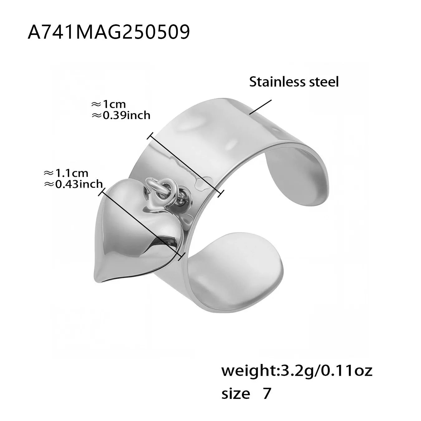 Measurement specifications for the adjustable silver stainless steel hypoallergenic open heart ring.