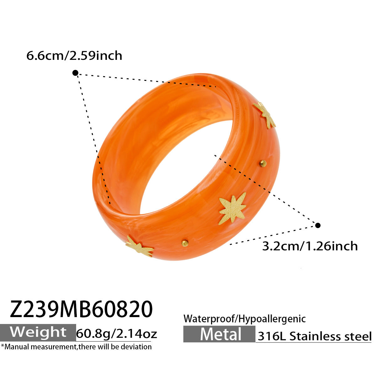Vibrant 316L Stainless Steel Wide Resin Bangle in Orange Color