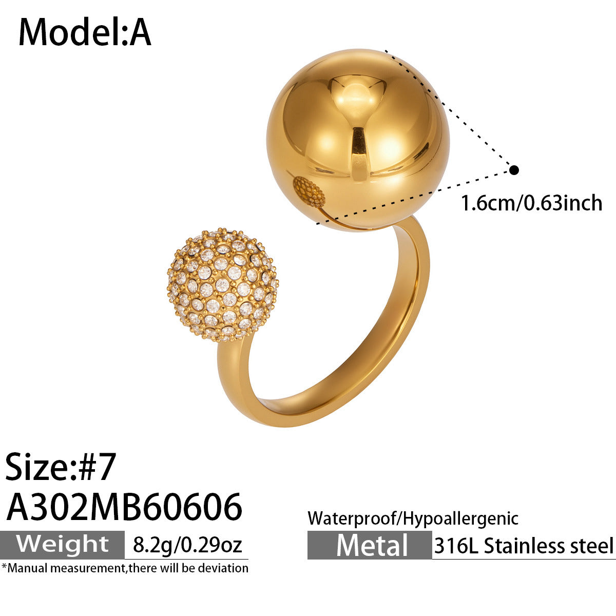 316L Stainless Steel Zircon Ball Open Ring 18K PVD Gold made with 316L stainless steel and 18K PVD gold finish for wholesale jewelry buyers - image 5