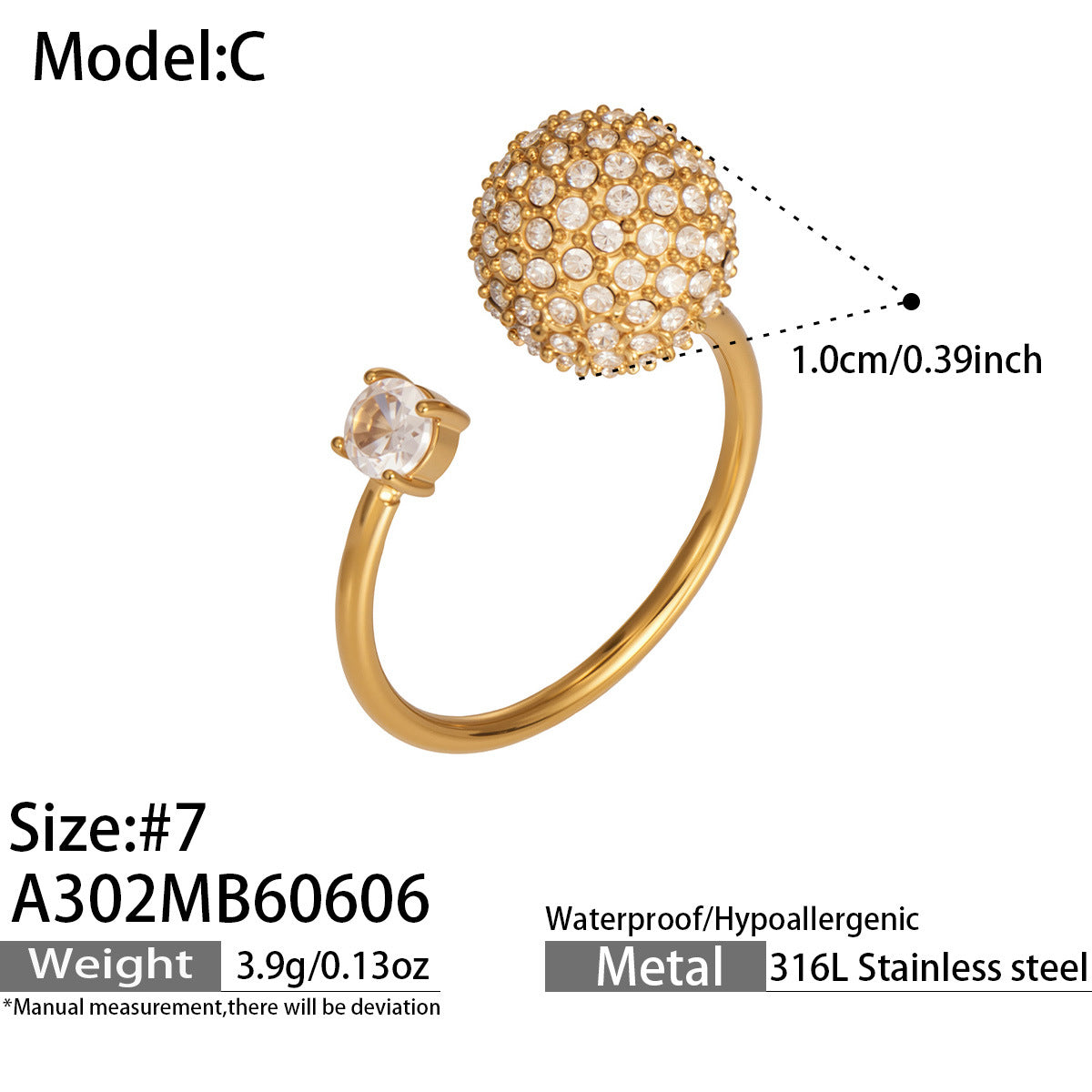 316L Stainless Steel Zircon Ball Open Ring 18K PVD Gold made with 316L stainless steel and 18K PVD gold finish for wholesale jewelry buyers - image 6
