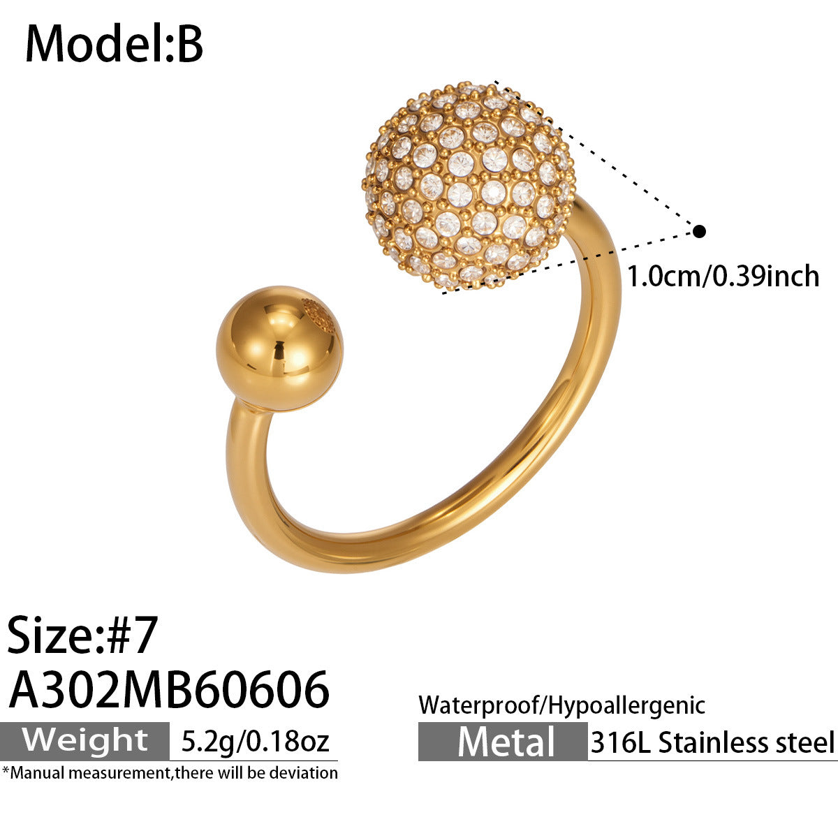 316L Stainless Steel Zircon Ball Open Ring 18K PVD Gold made with 316L stainless steel and 18K PVD gold finish for wholesale jewelry buyers - image 9
