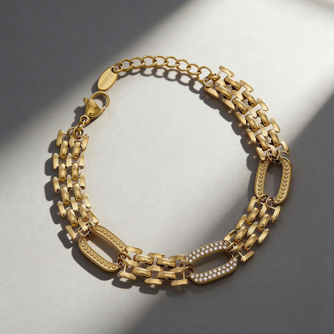 316L stainless steel zircon oval link bracelet front wrist view