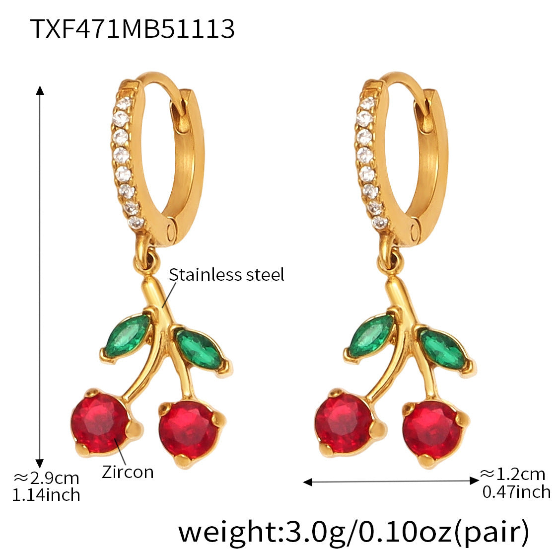 316L Stainless Steel Zircon Cherry & Heart Charm Jewelry Set - Image 1