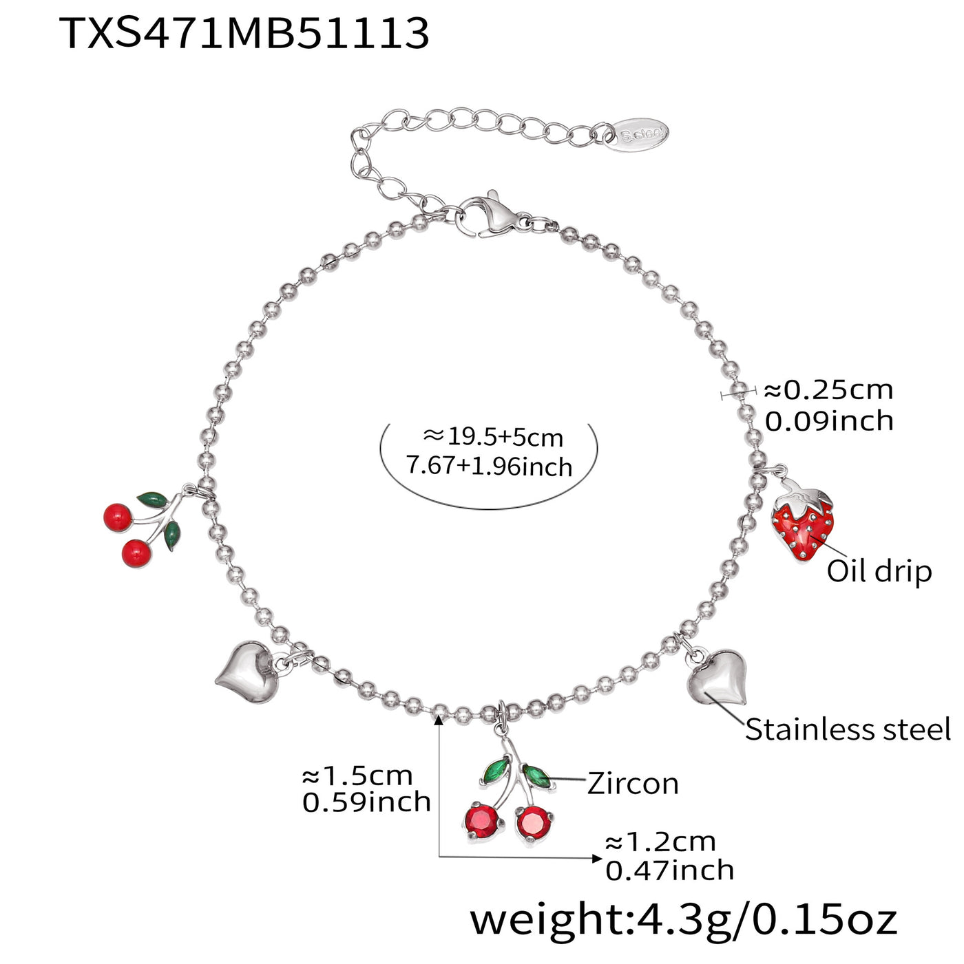 316L Stainless Steel Zircon Cherry & Heart Charm Jewelry Set - Image 3