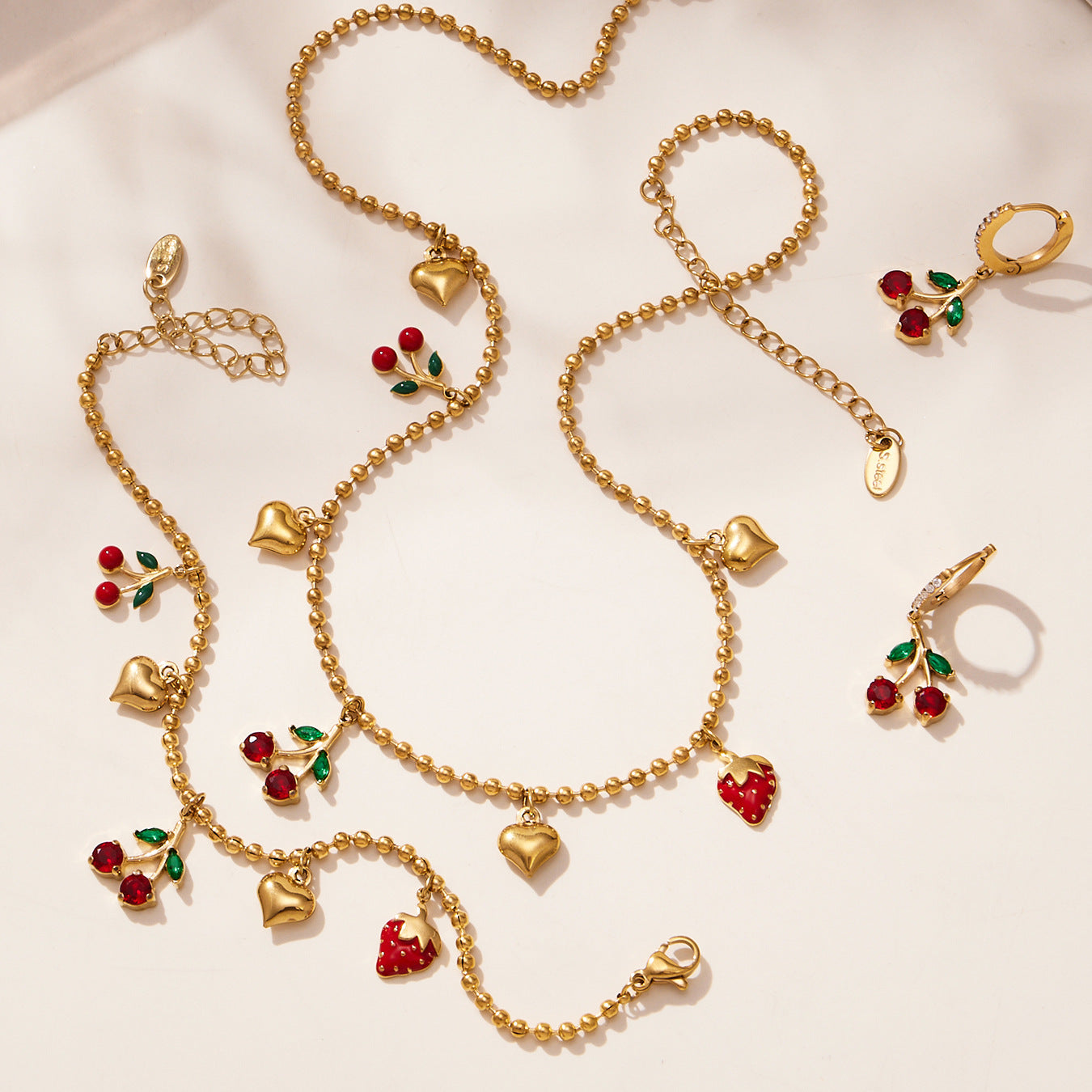 316L Stainless Steel Zircon Cherry & Heart Charm Jewelry Set - Image 4