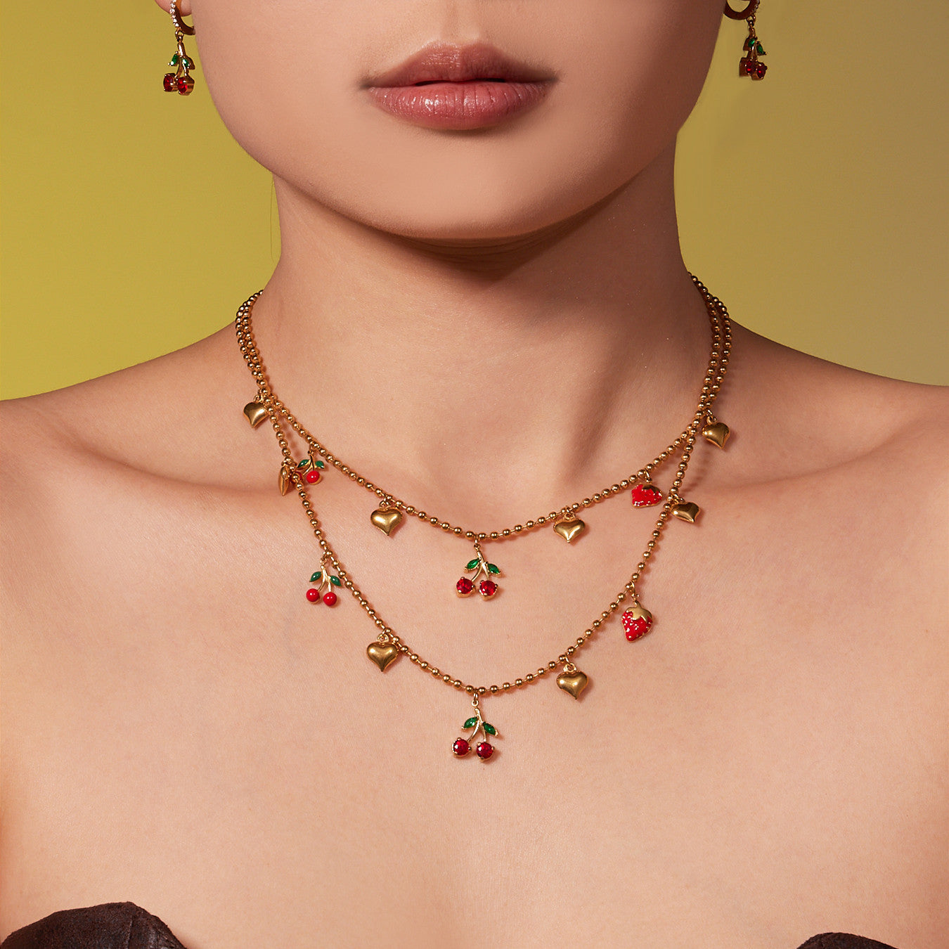 316L Stainless Steel Zircon Cherry & Heart Charm Jewelry Set - Image 5