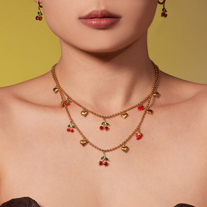 316L Stainless Steel Zircon Cherry & Heart Charm Jewelry Set - Image 5