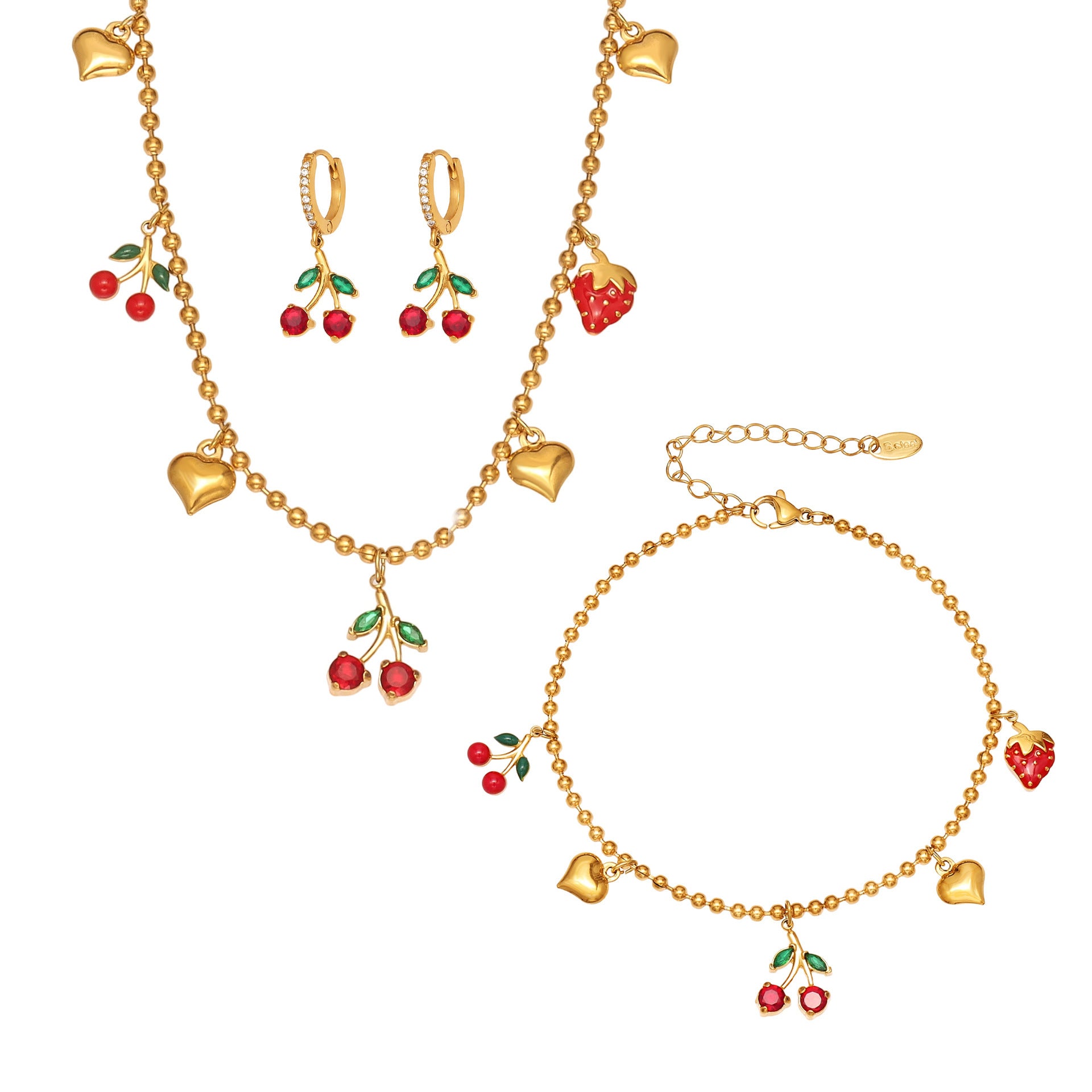 316L Stainless Steel Zircon Cherry & Heart Charm Jewelry Set - Image 7