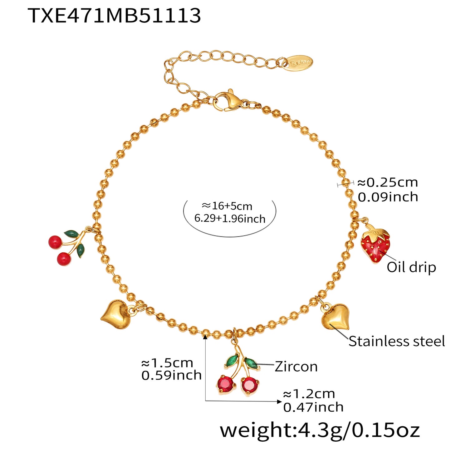 316L Stainless Steel Zircon Cherry & Heart Charm Jewelry Set - Image 9