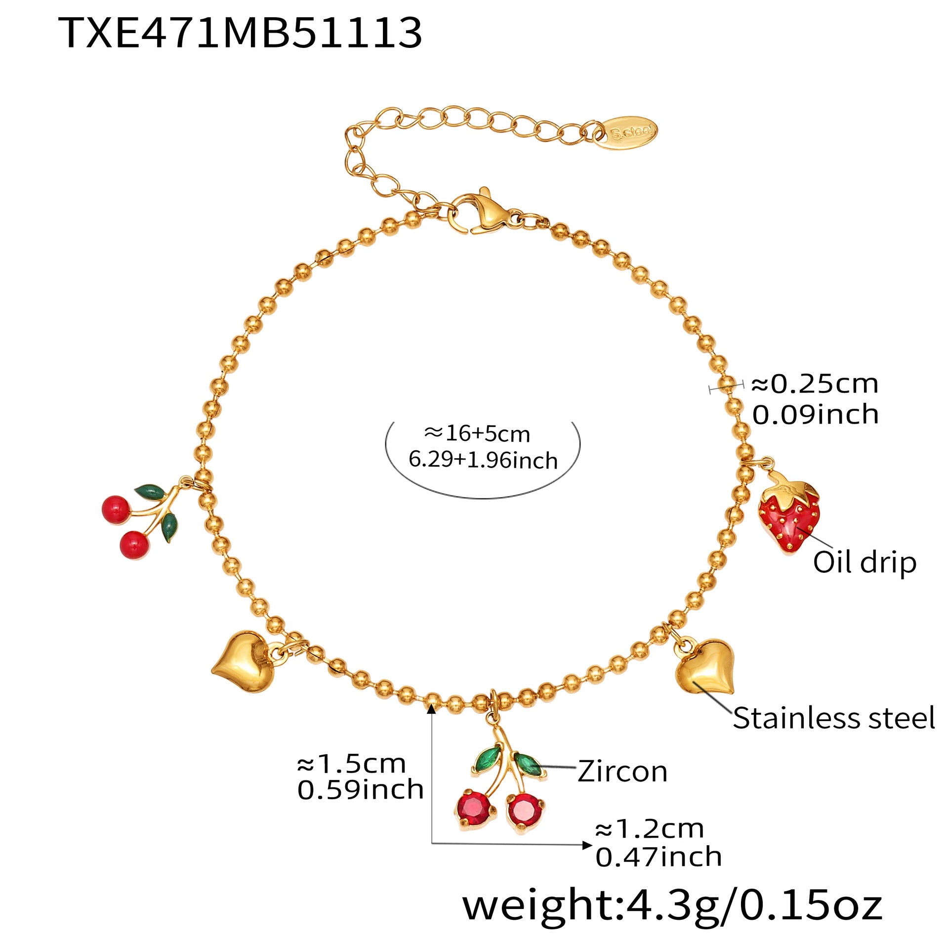 316L Stainless Steel Zircon Cherry & Heart Charm Jewelry Set - Image 9