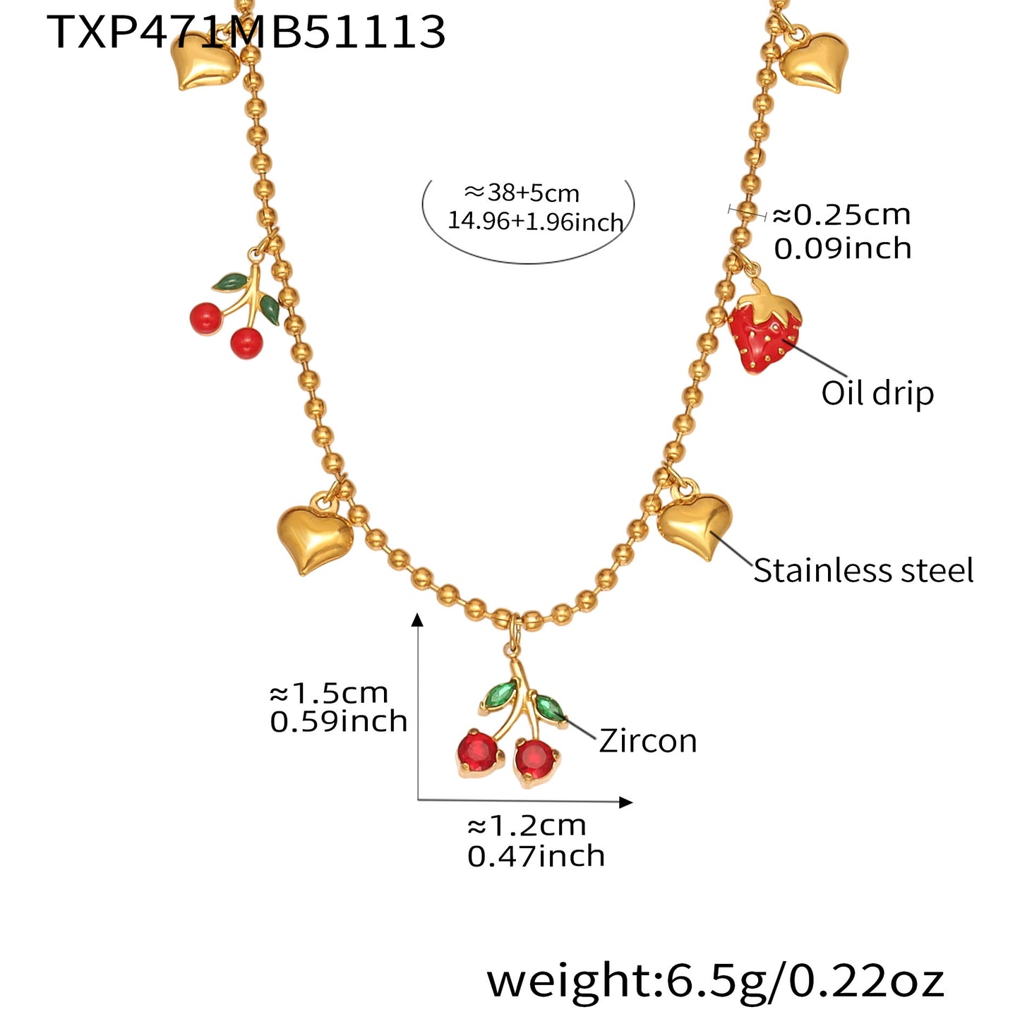 316L stainless steel zircon cherry and heart charm necklace in gold, bead chain jewelry set, waterproof hypoallergenic
