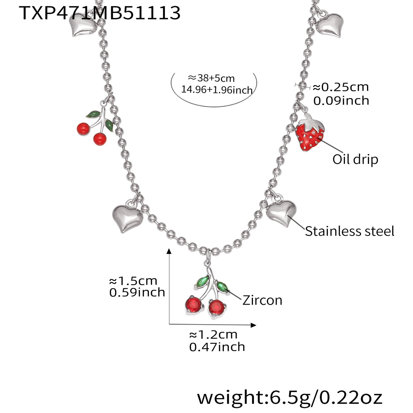 316L stainless steel zircon cherry and heart charm necklace in silver, bead chain jewelry set, waterproof hypoallergenic

