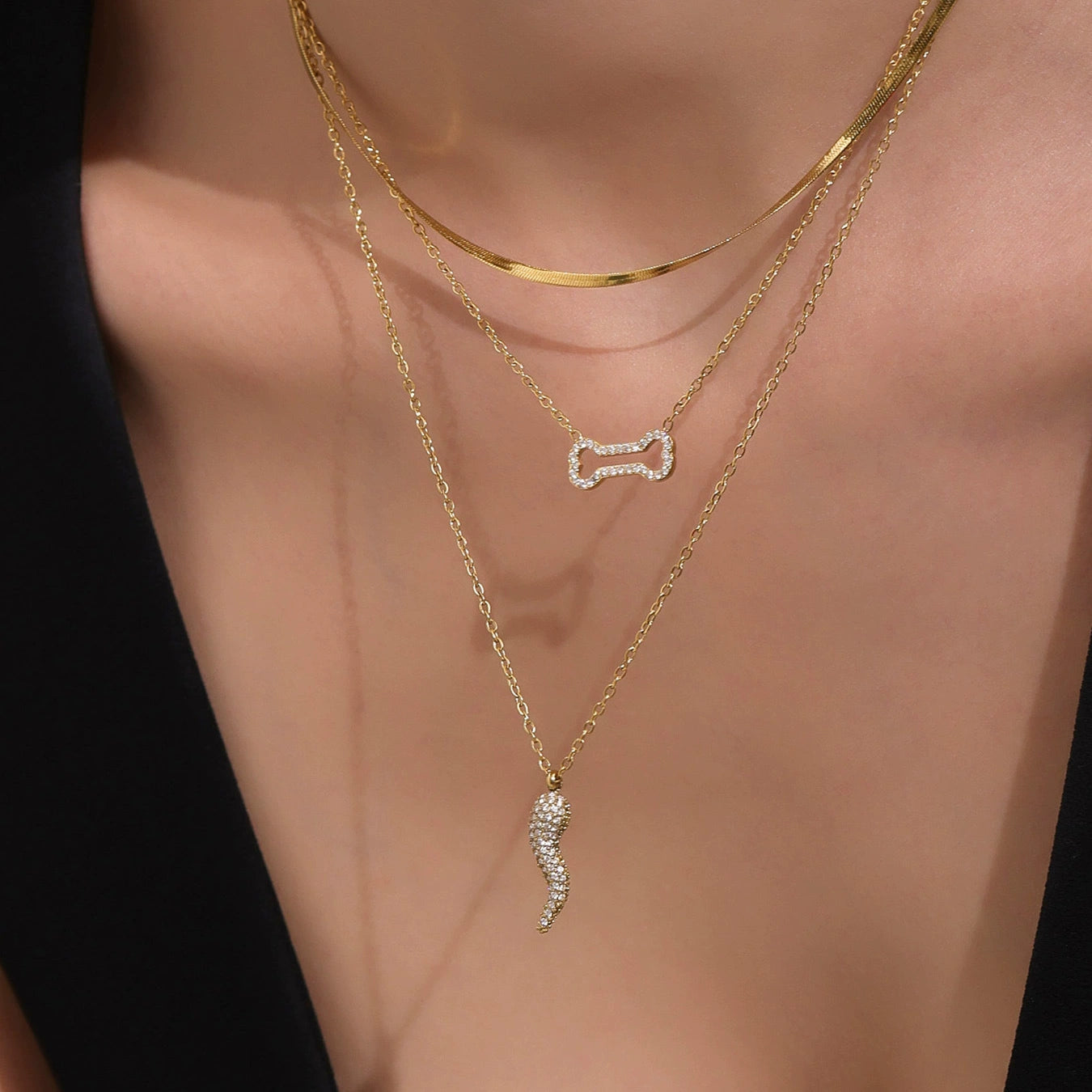 316L Stainless Steel Zircon Chili Pepper & Dog Bone Stackable Necklace & Bracelet - Image 2