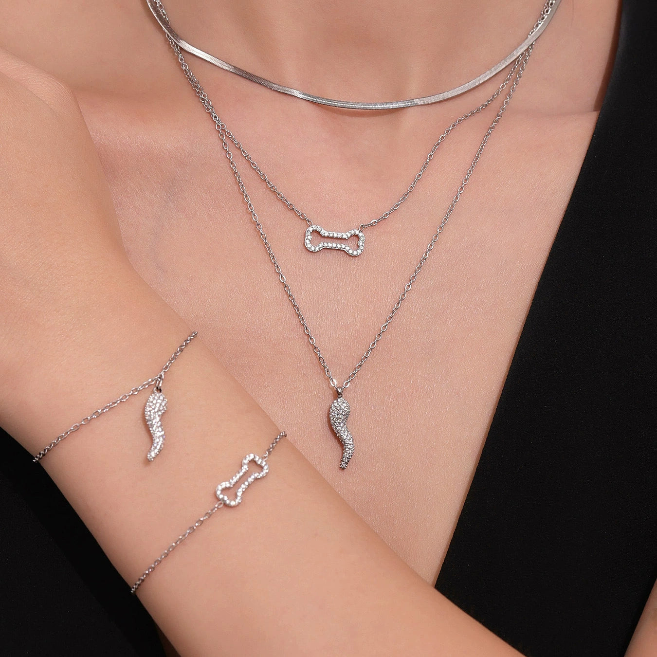 316L Stainless Steel Zircon Chili Pepper & Dog Bone Stackable Necklace & Bracelet - Image 4