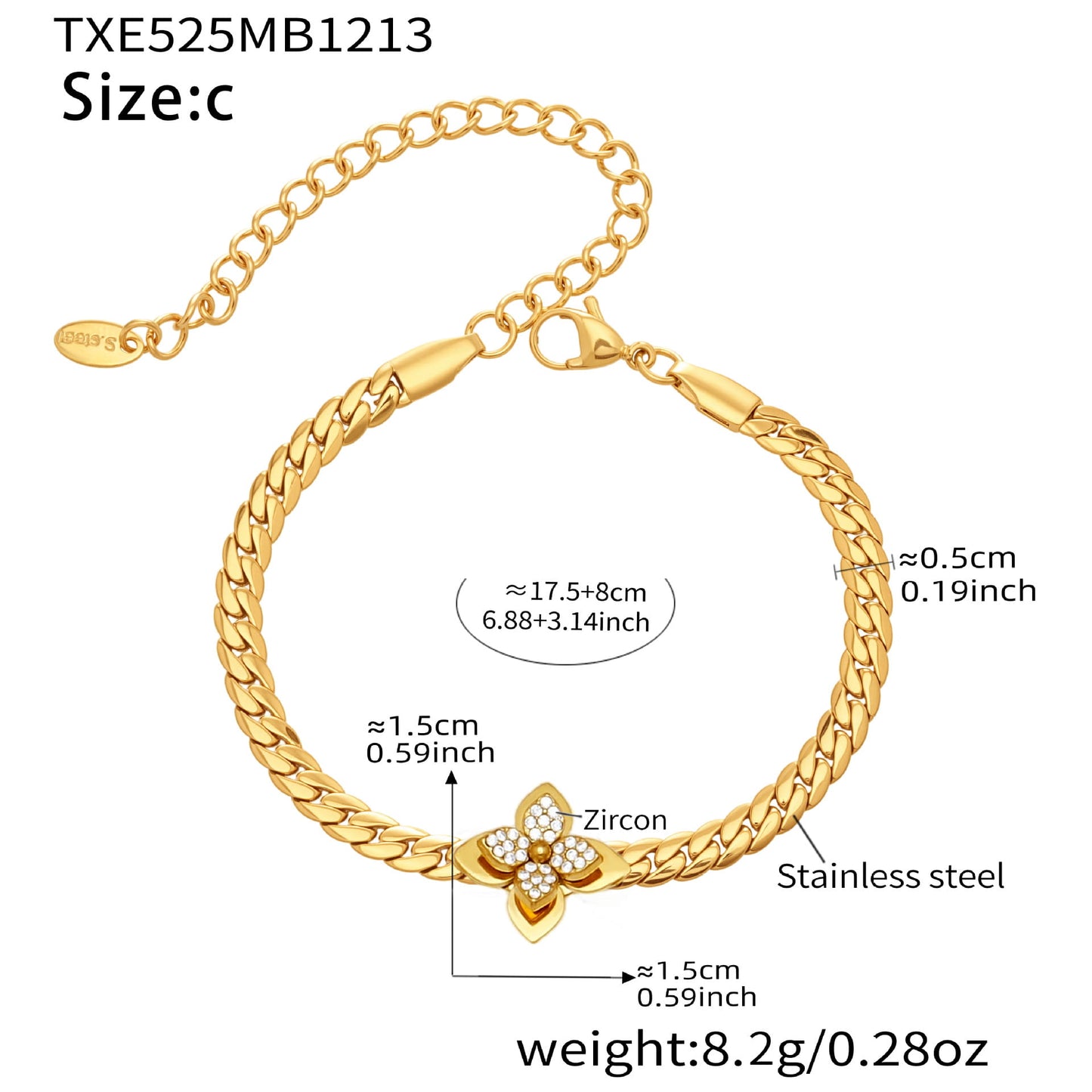 316L stainless steel chain bracelet with zircon flower charm and size measurements