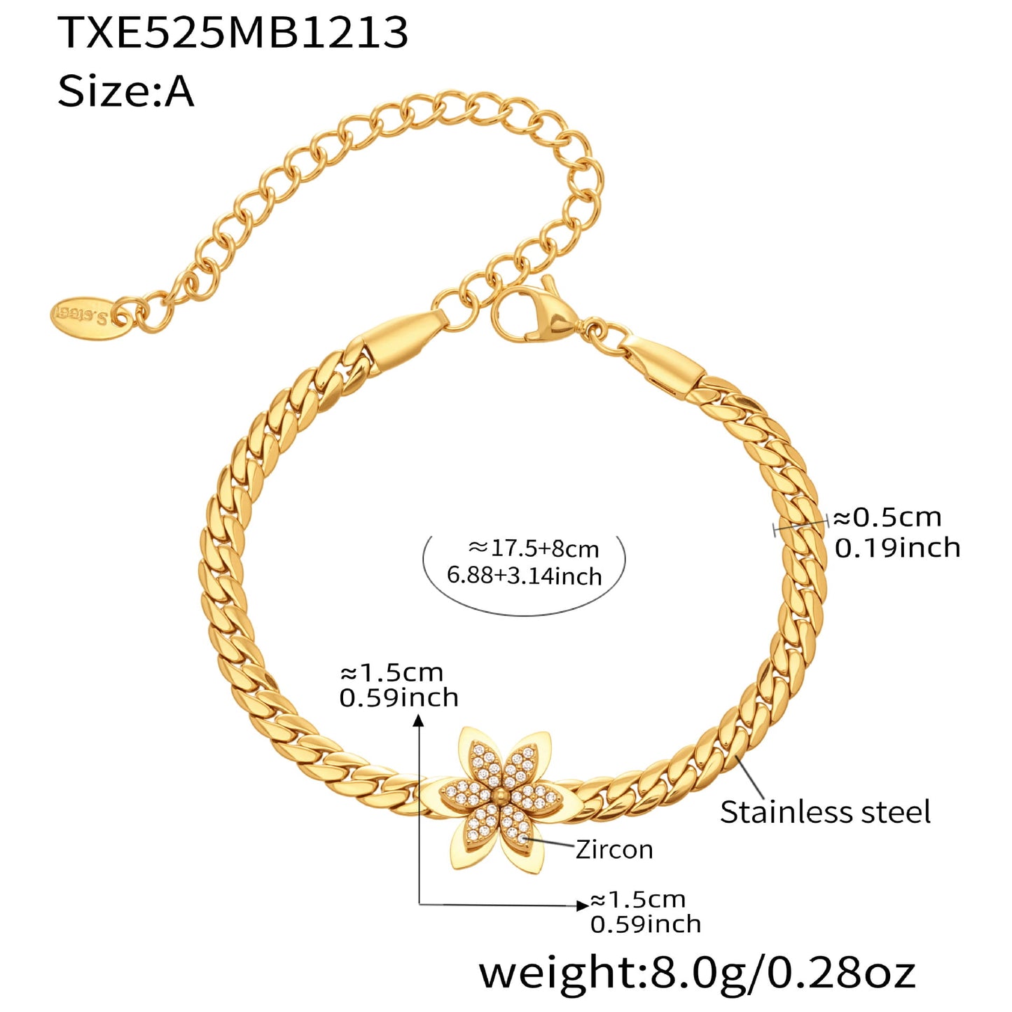 316L stainless steel chain bracelet with zircon flower charm and size measurements