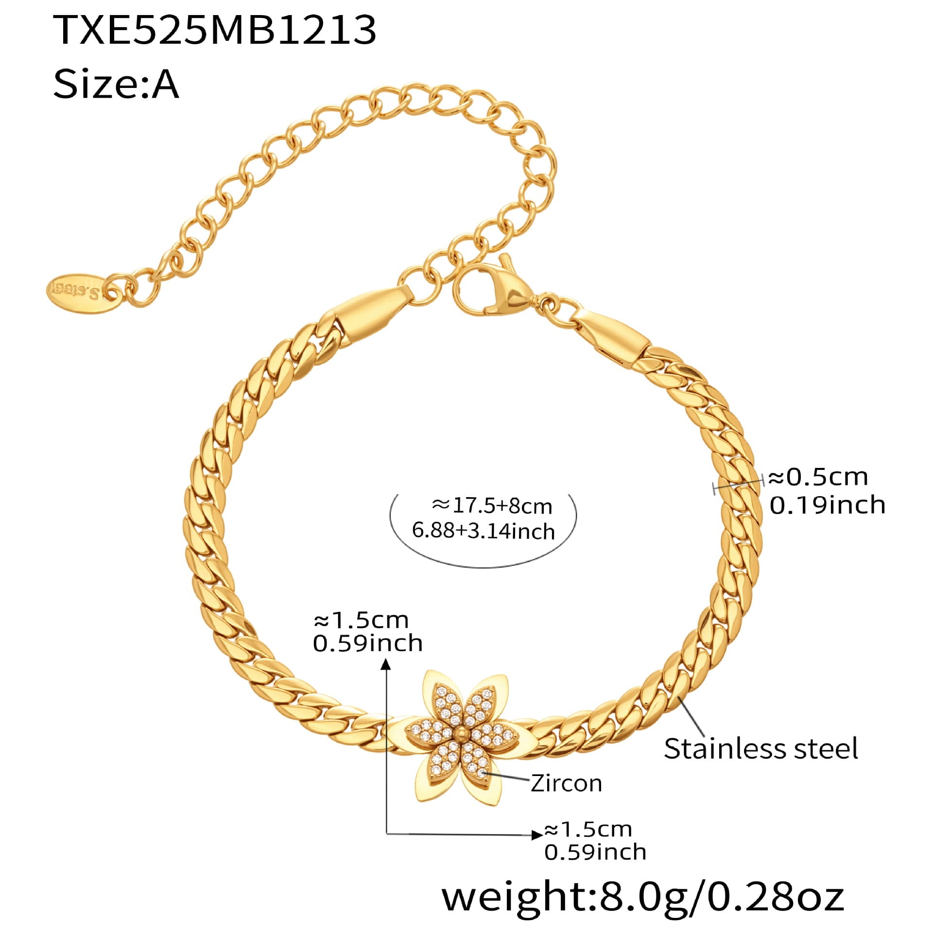 316L stainless steel chain bracelet with zircon flower charm and size measurements