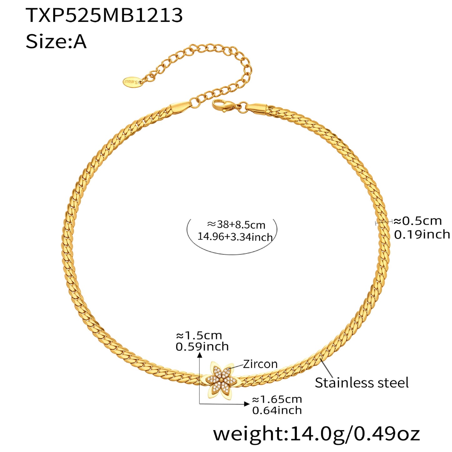 316L stainless steel chain bracelet with zircon flower charm and size measurements
