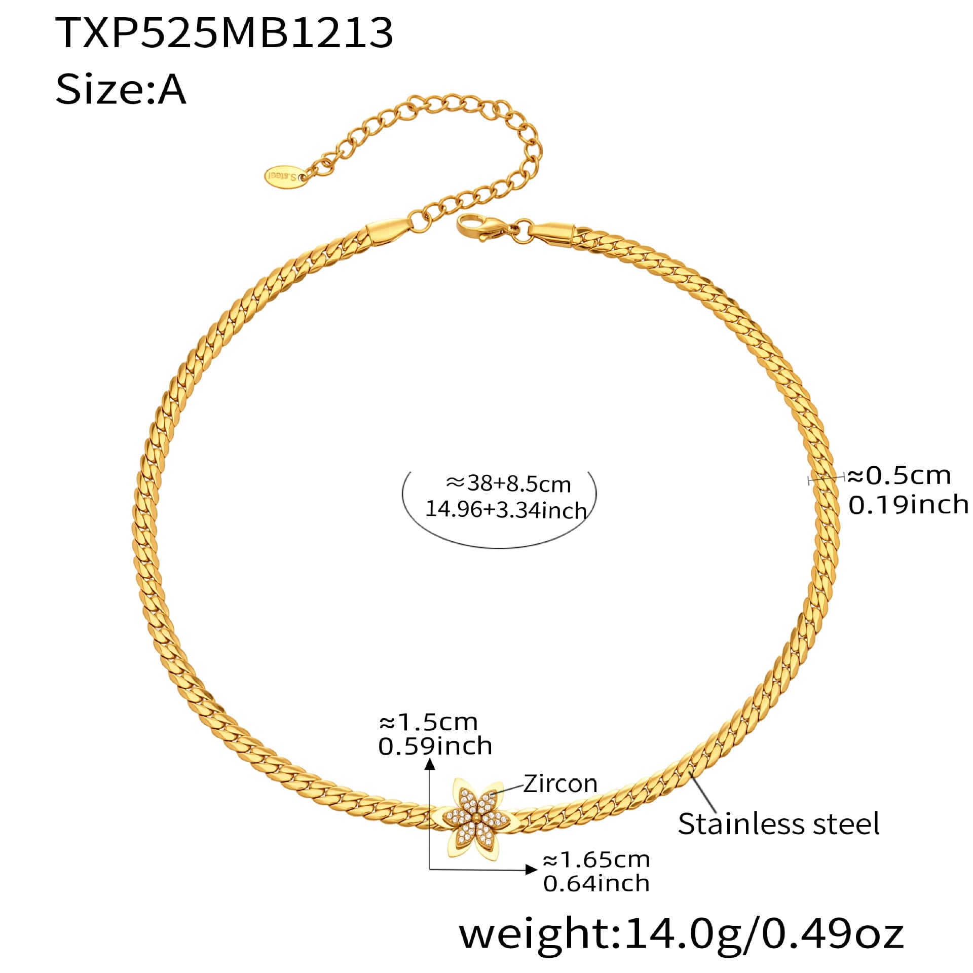 316L stainless steel chain bracelet with zircon flower charm and size measurements