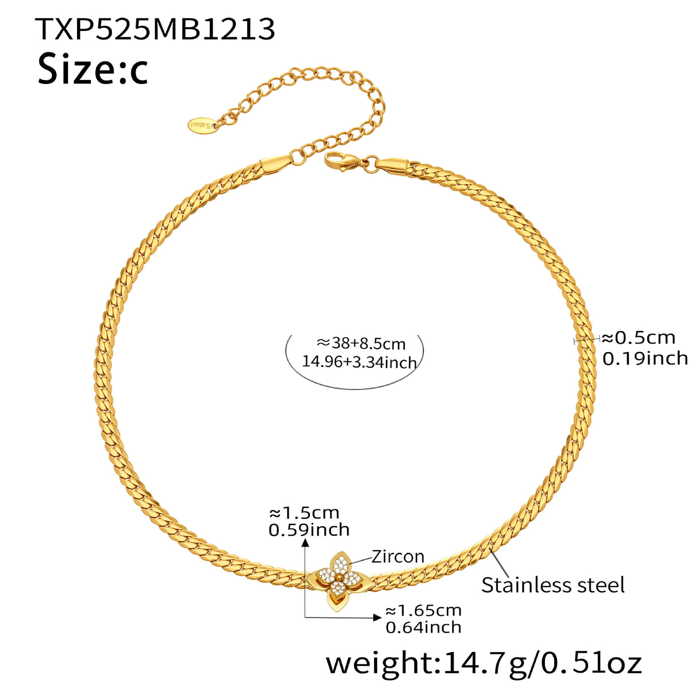 Detailed view of zircon flower pendant on 316L stainless steel gold necklace