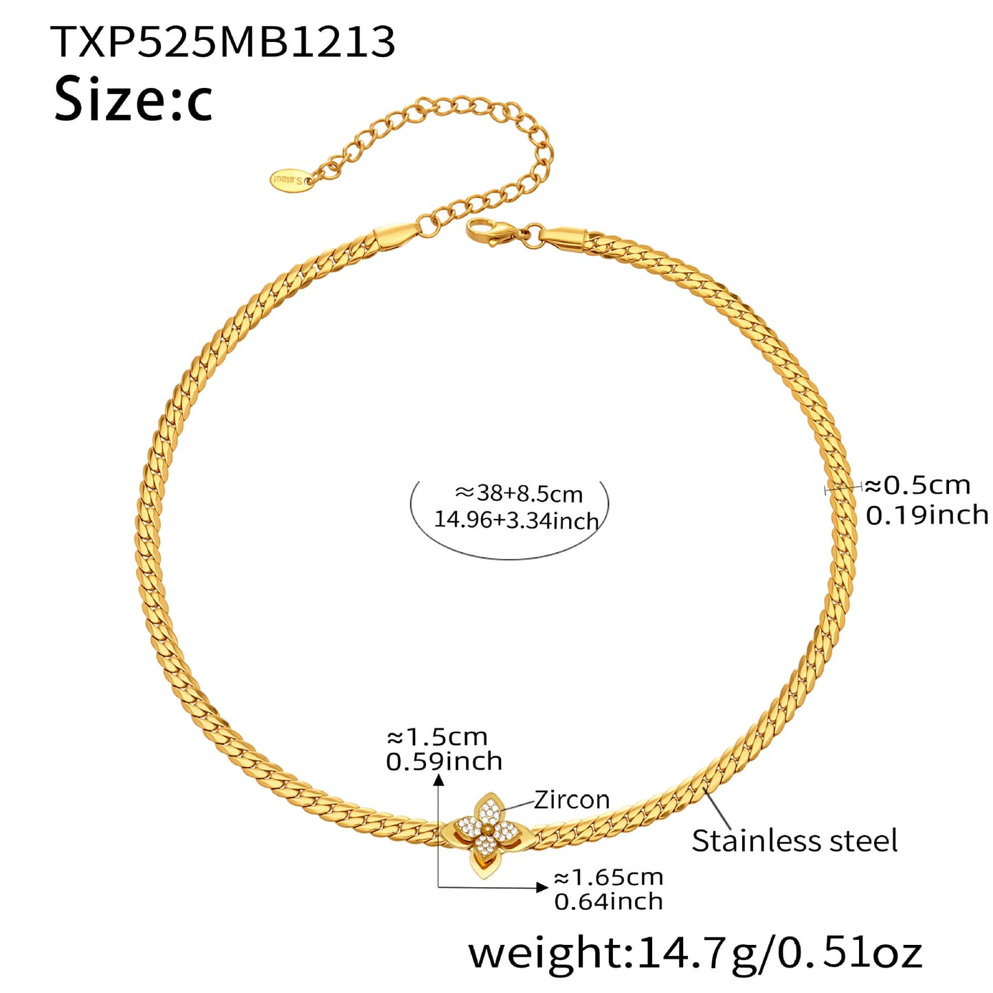 Detailed view of zircon flower pendant on 316L stainless steel gold necklace