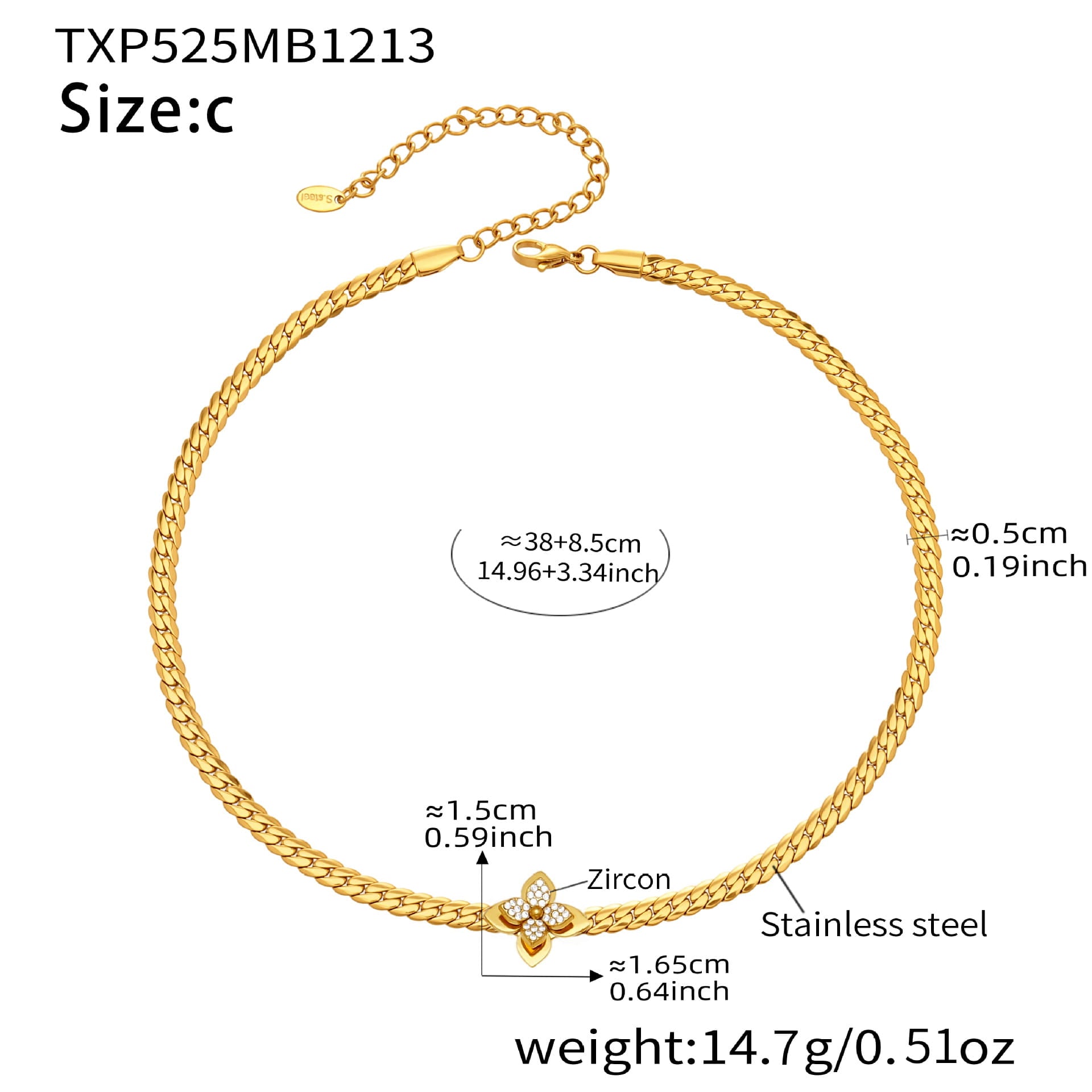 Detailed view of zircon flower pendant on 316L stainless steel gold necklace