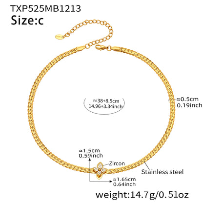 Detailed view of zircon flower pendant on 316L stainless steel gold necklace