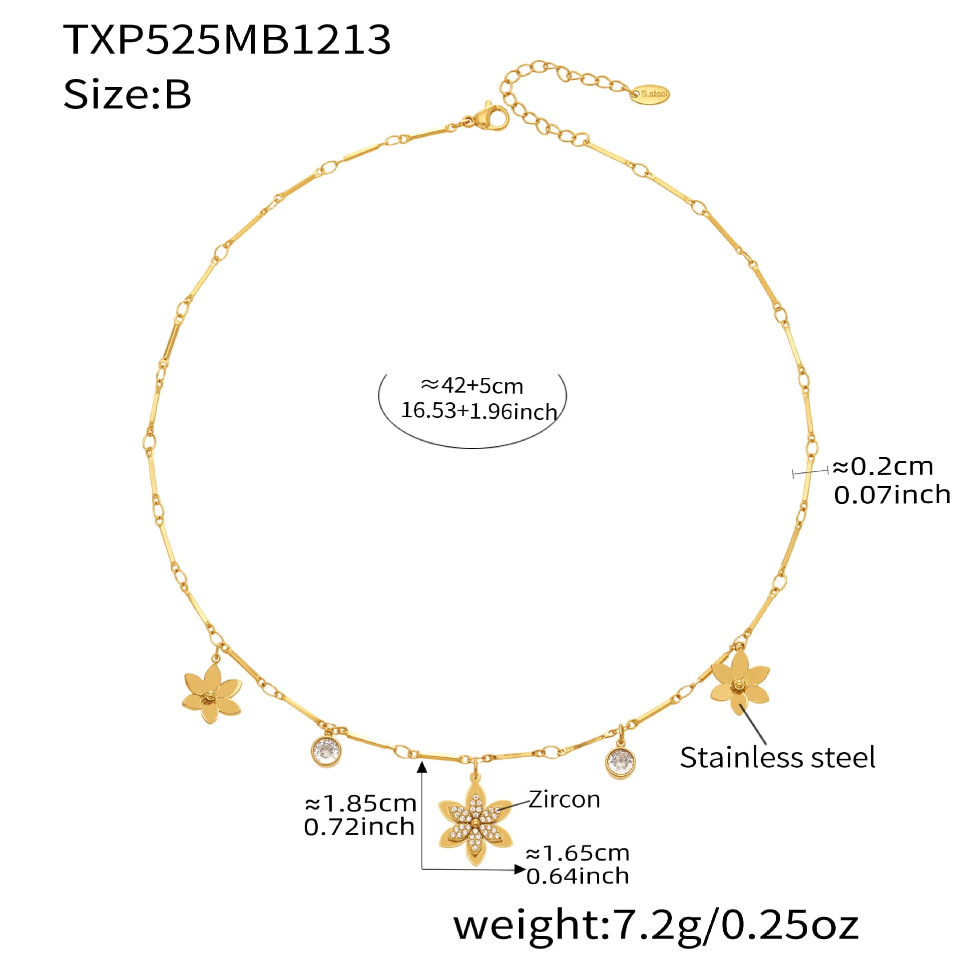 316L stainless steel zircon flower necklace with gold PVD plating showing size details for wholesale buyers
