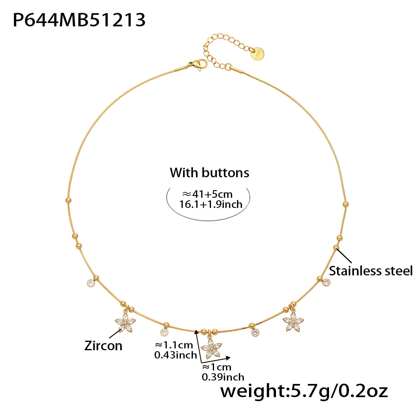 316L stainless steel zircon flower necklace with size details and gold pvd plating for wholesale