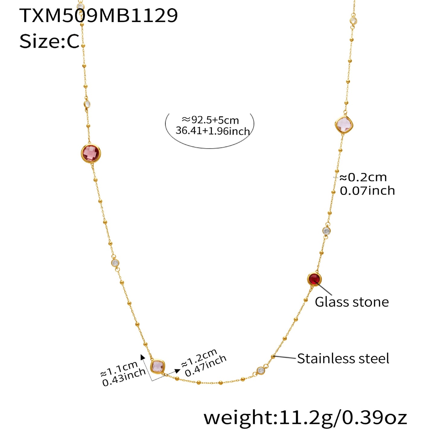 316L stainless steel zircon glass stone long necklace with pvd gold finish