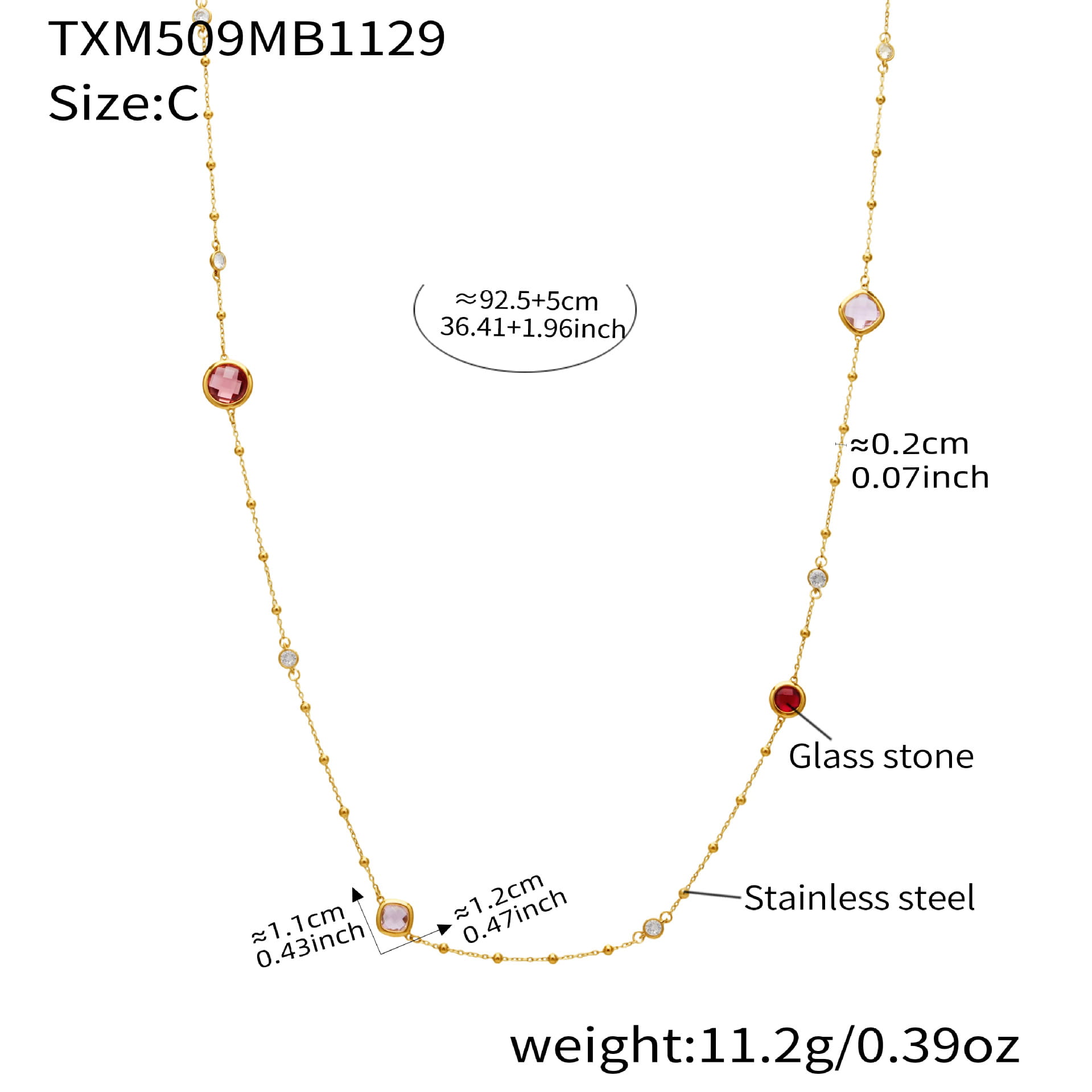 316L stainless steel zircon glass stone long necklace with pvd gold finish