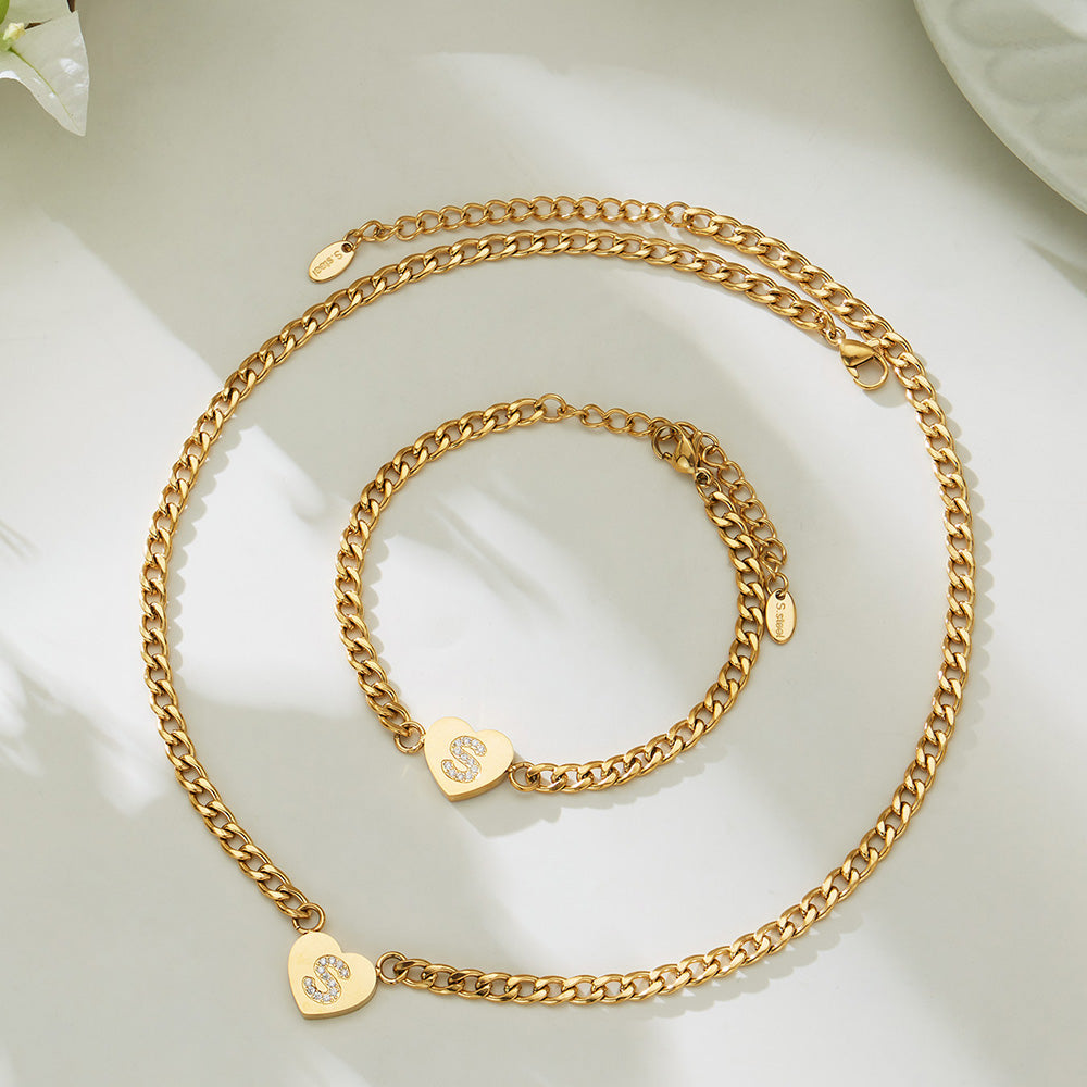 316L Stainless Steel Zircon Heart Initial Jewelry Set