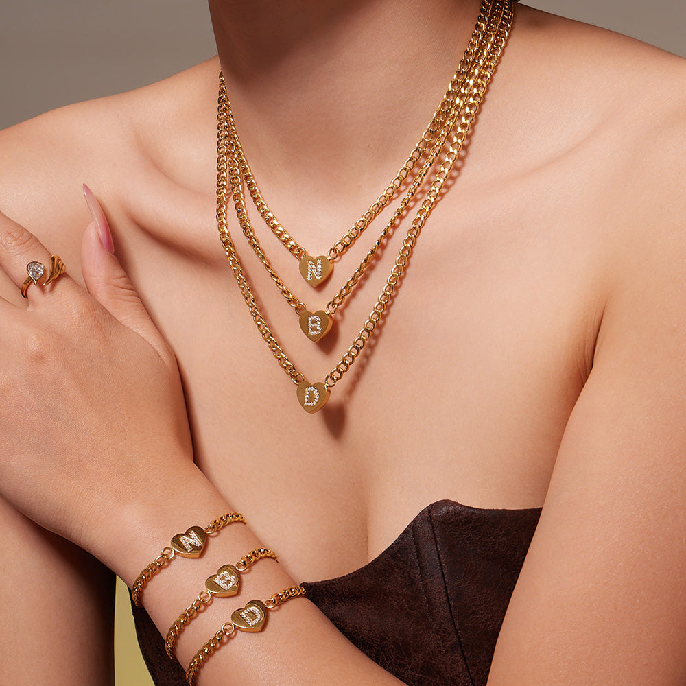 316L Stainless Steel Zircon Heart Initial Jewelry Set