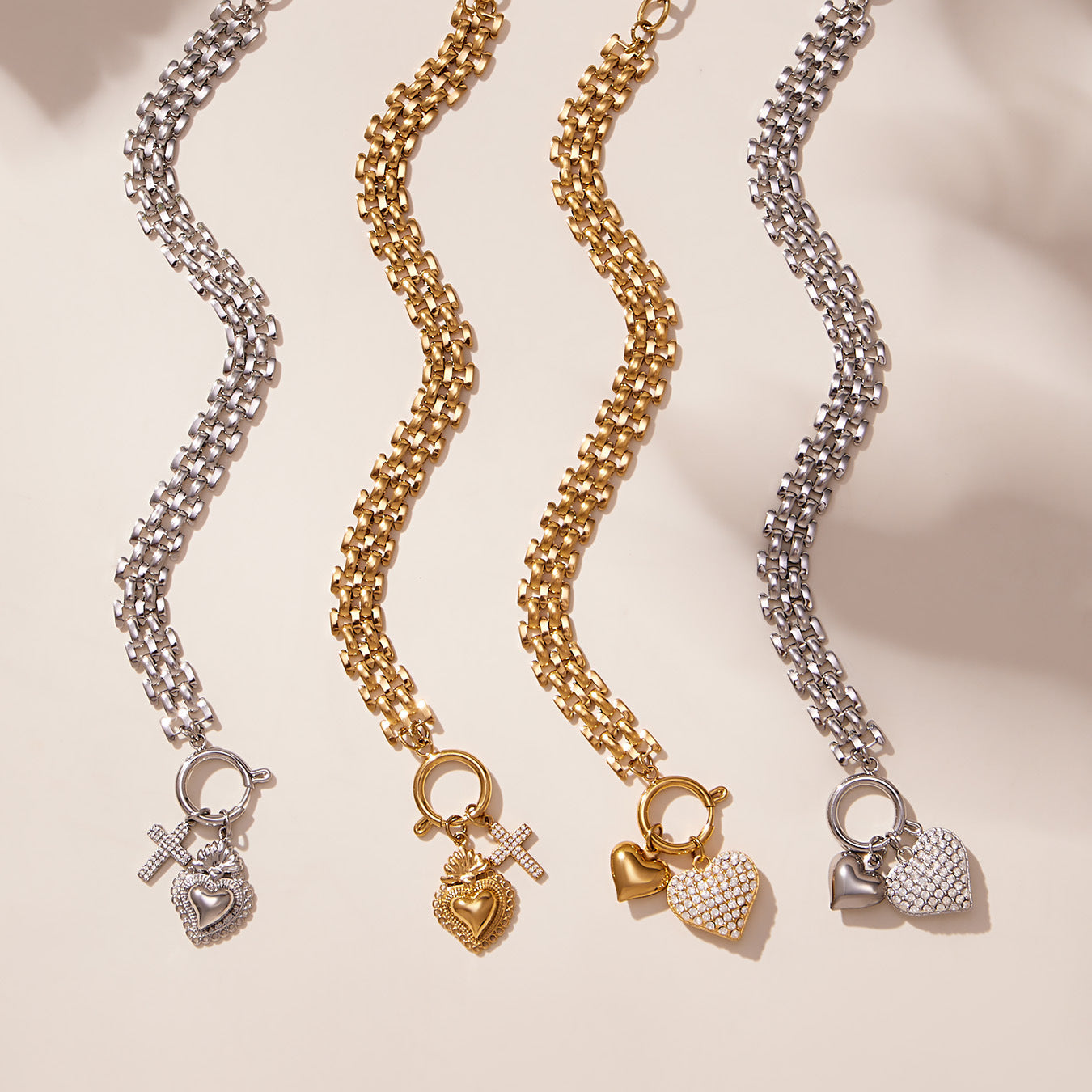 316L Stainless Steel Heavy Chain Heart Charm Necklace & Bracelet Set