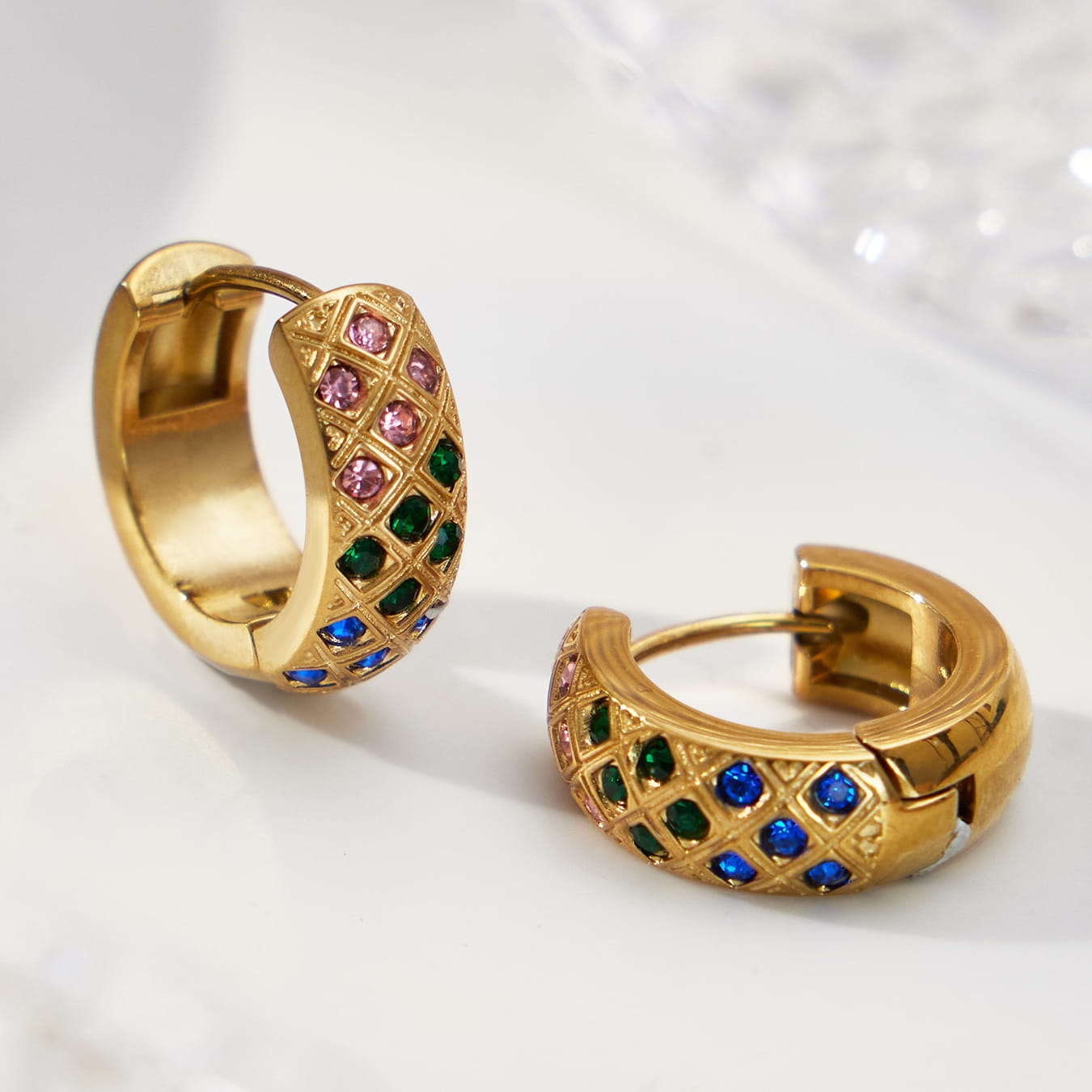 316L Stainless Steel CZ Diamond Lattice Huggie Hoop Earrings