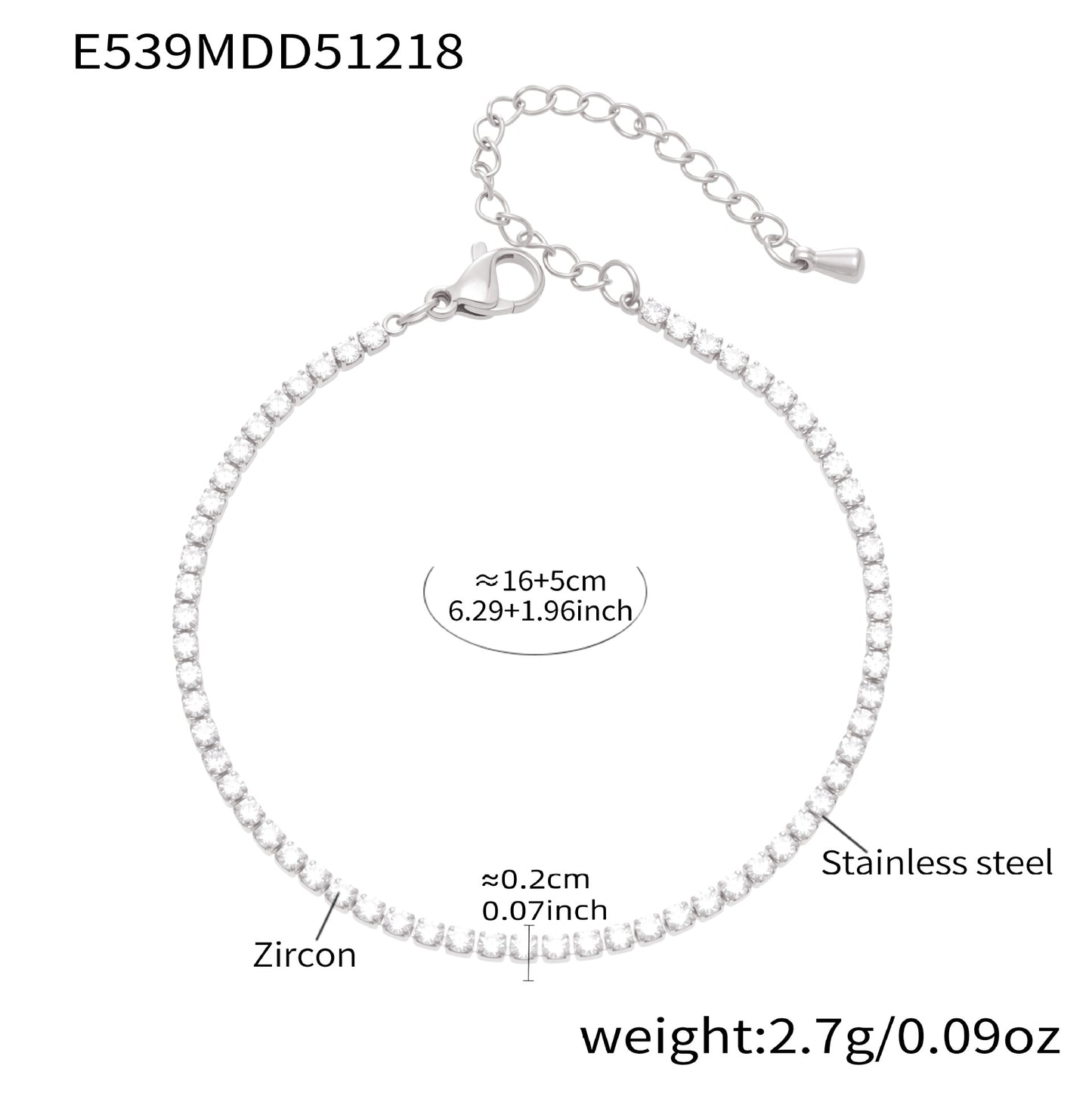 316L stainless steel zircon pave stardust bracelet silver size detail showing stainless steel chain and zircon
