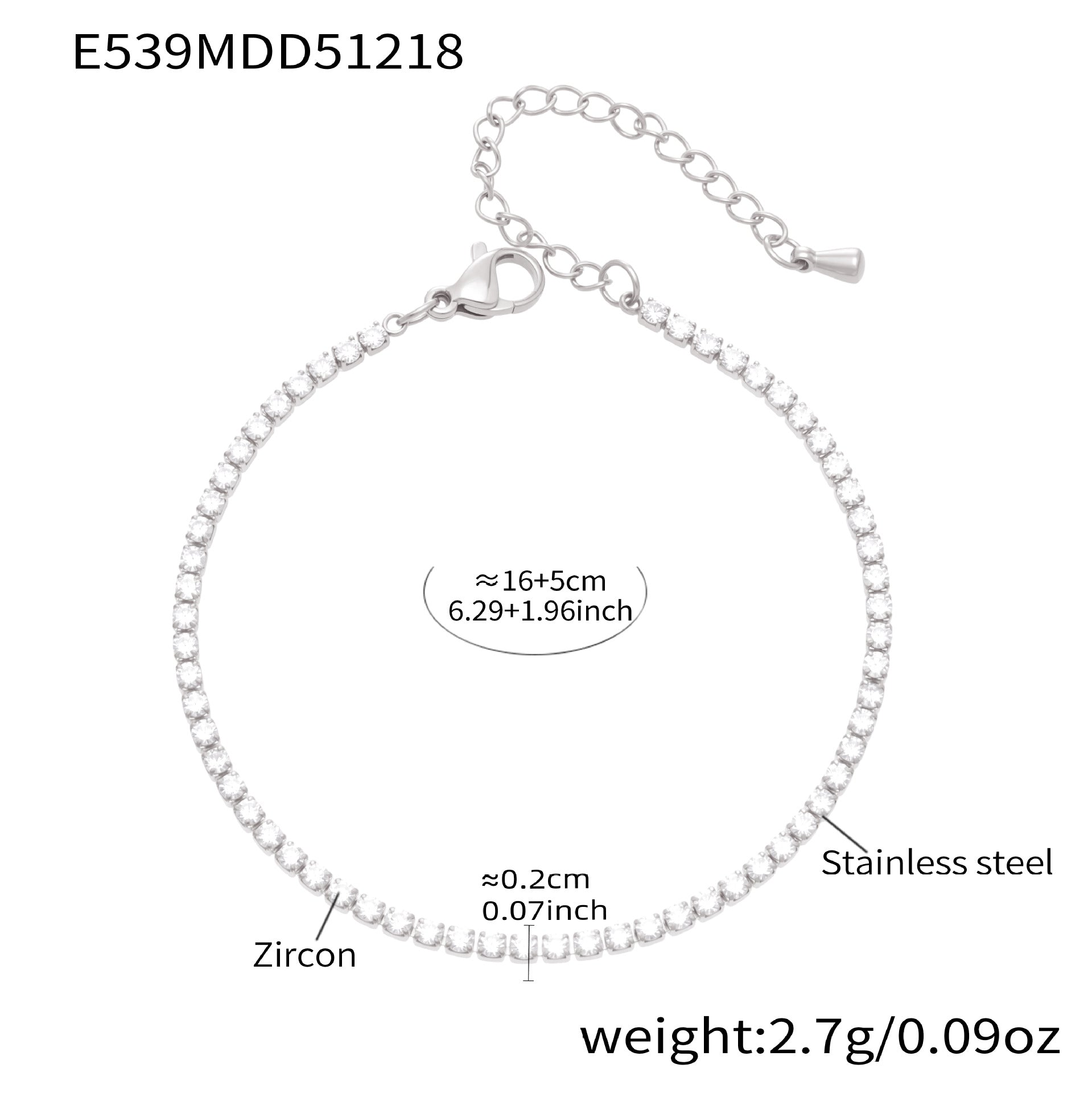 316L stainless steel zircon pave stardust bracelet silver size detail showing stainless steel chain and zircon