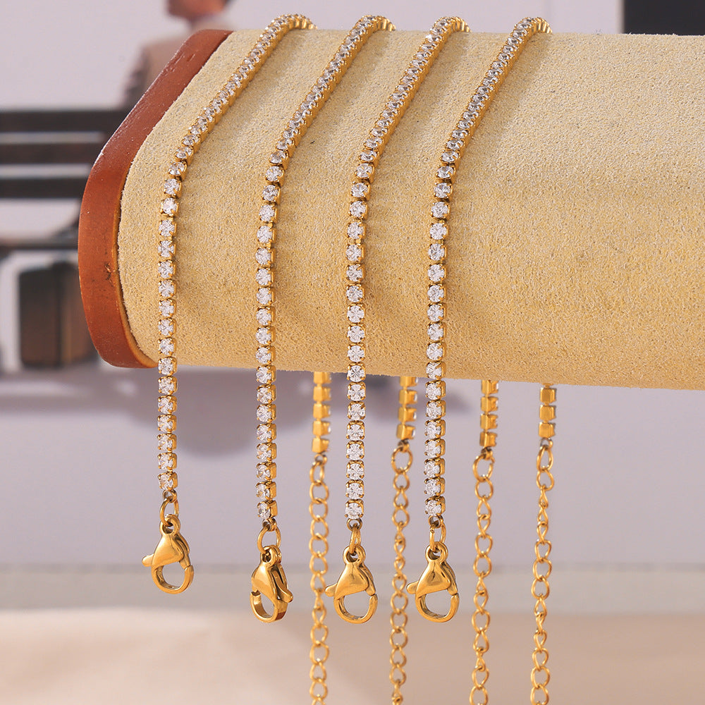 316L stainless steel zircon pave stardust bracelet displayed on velvet jewelry stand with gold finish