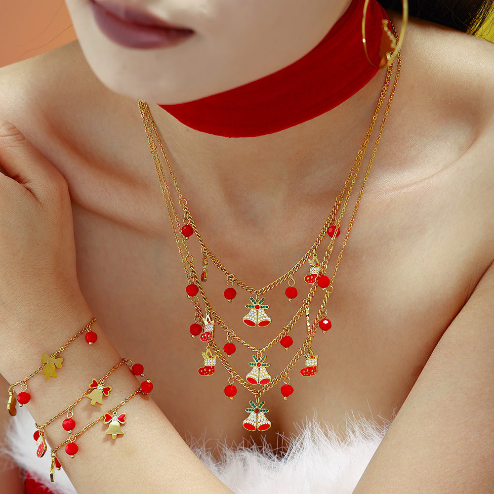 316L Stainless Steel Zircon Red Agate Enamel Bell Christmas Jewelry Collection - Image 5