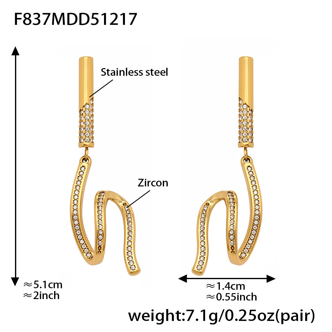 316L Stainless Steel Zircon Wave Drop Earrings