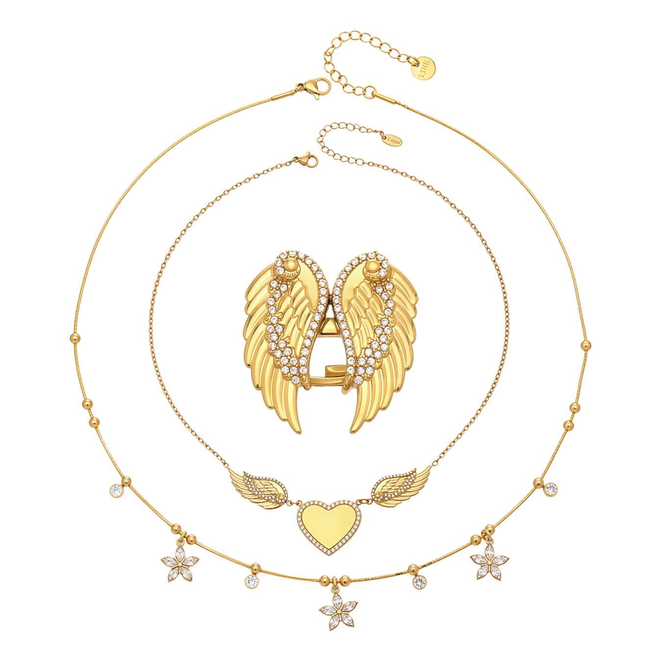 316L stainless steel zircon wing heart necklace and ring jewelry set for wholesale