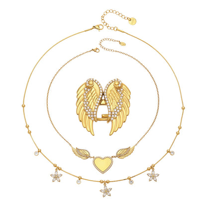 316L stainless steel zircon wing heart necklace and ring jewelry set for wholesale