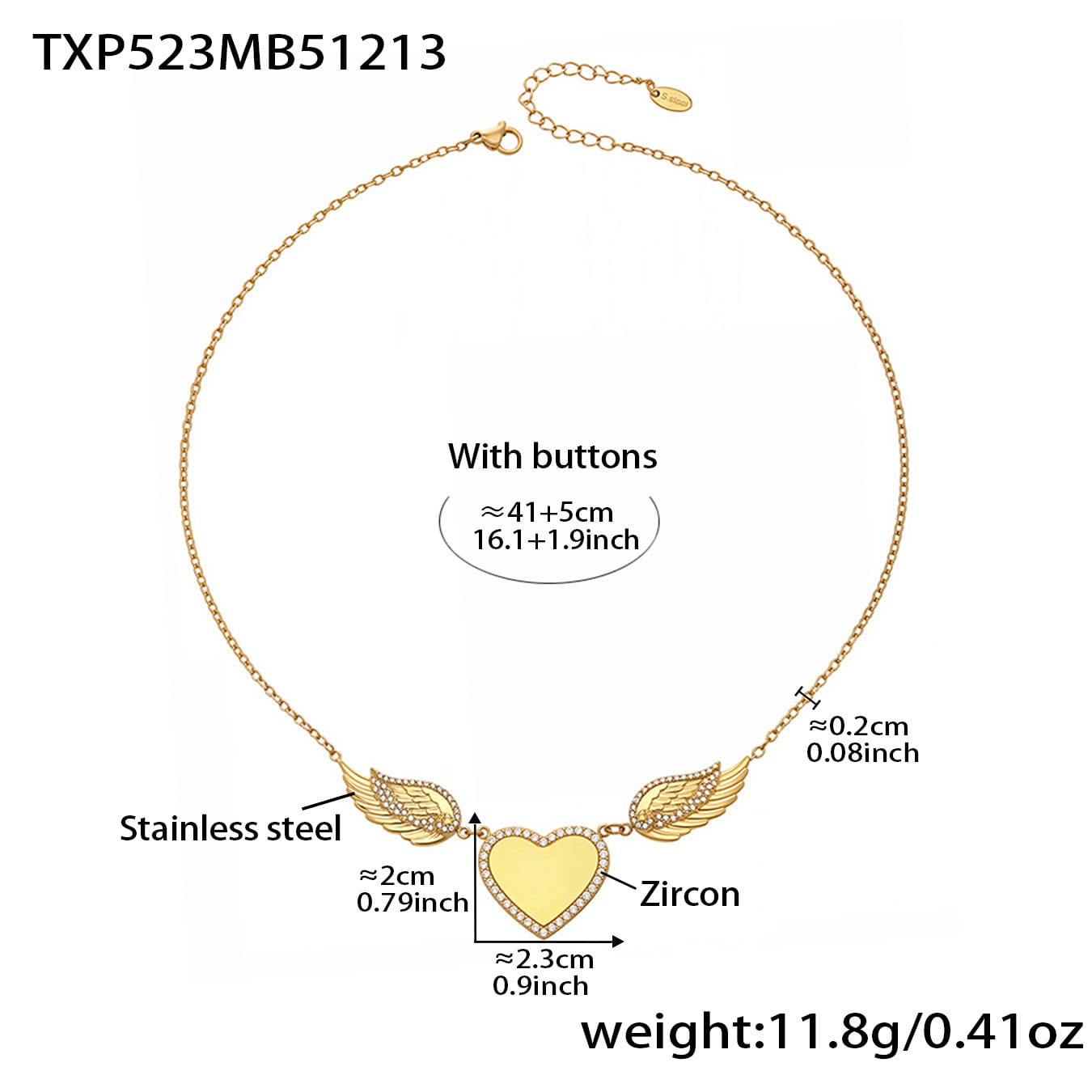 316L stainless steel zircon wing heart necklace with size measurements