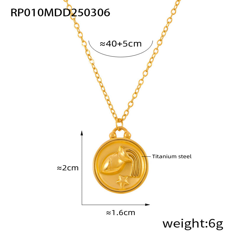 Gold Aquarius zodiac coin pendant necklace made of 316L stainless steel with relief detailing