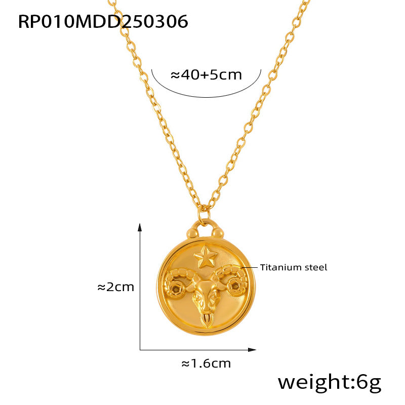 Gold Aries zodiac coin necklace crafted from 316L stainless steel with embossed ram design