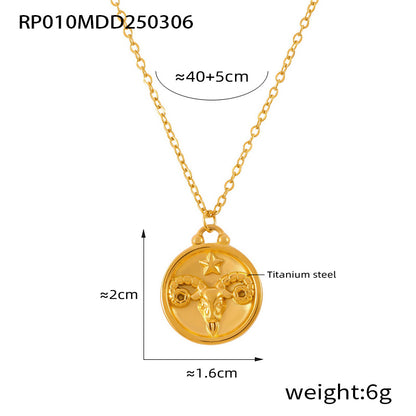 Gold Aries zodiac coin necklace crafted from 316L stainless steel with embossed ram design