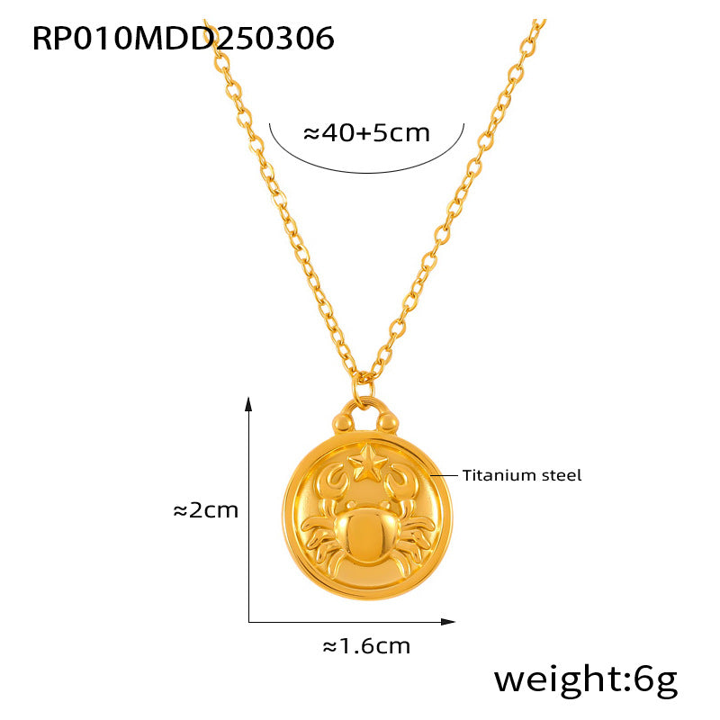 Gold Cancer zodiac medallion necklace crafted from 316L stainless steel with embossed crab design